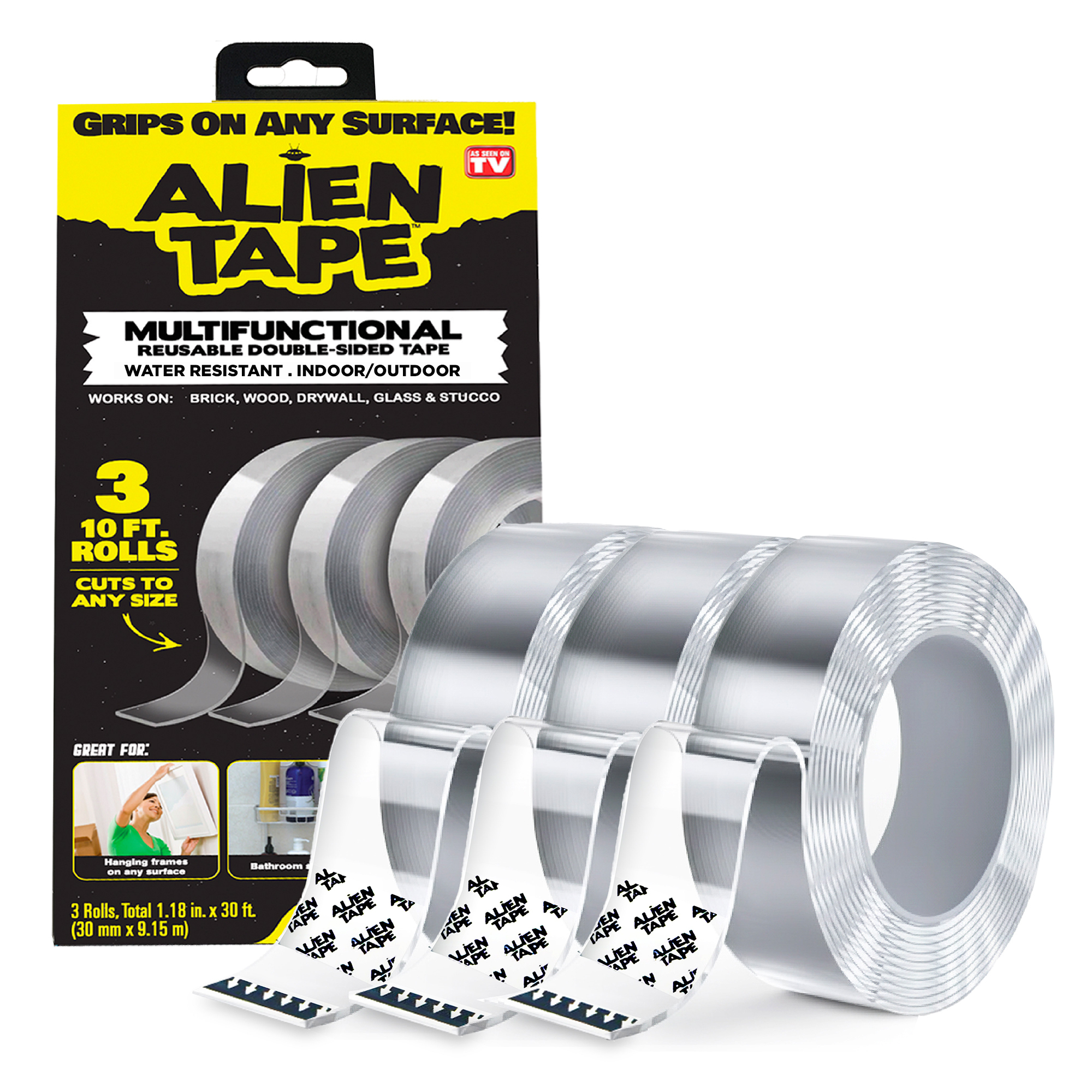 Alien Tape Nano Double-Sided Tape, 3 Rolls x 1.18 in x 10 ft, Transparent, Washable & Reusable